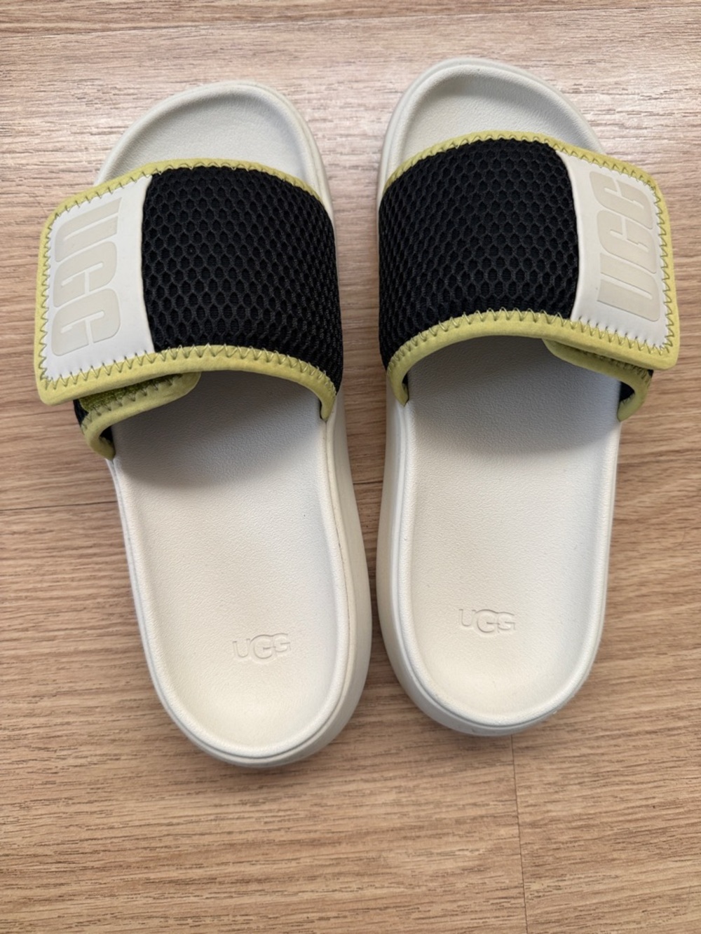 UGG White Slide Sandals with Black Mesh and Lime Trim